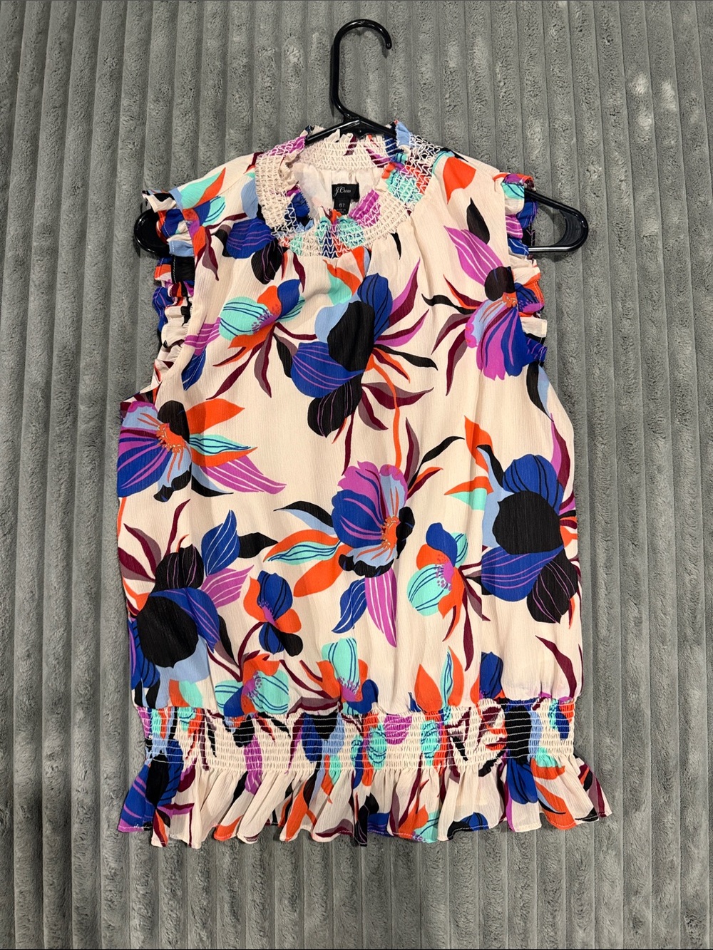 J. Crew Cream Floral Smocked Neck Sleeveless Top